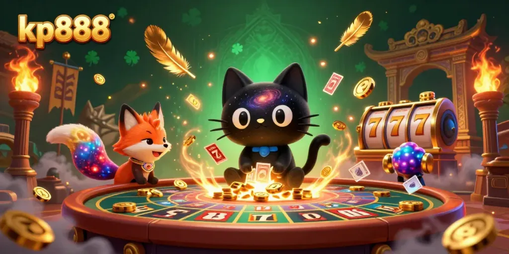 Experience thrilling wins with kp888 as the cosmic jackpot unfolds with vibrant characters and golden elements.