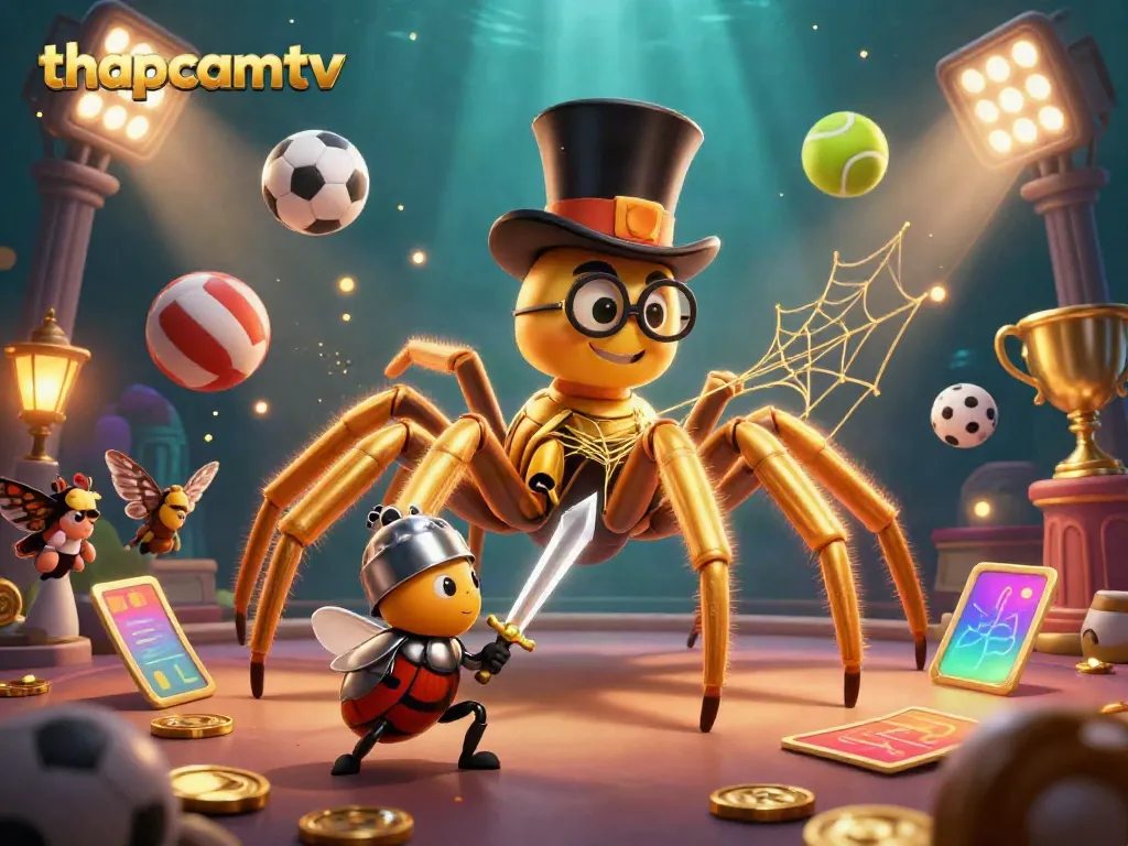 Experience live football action with thapcamtv in this vibrant, dynamic 3D scene featuring a golden tarantula.