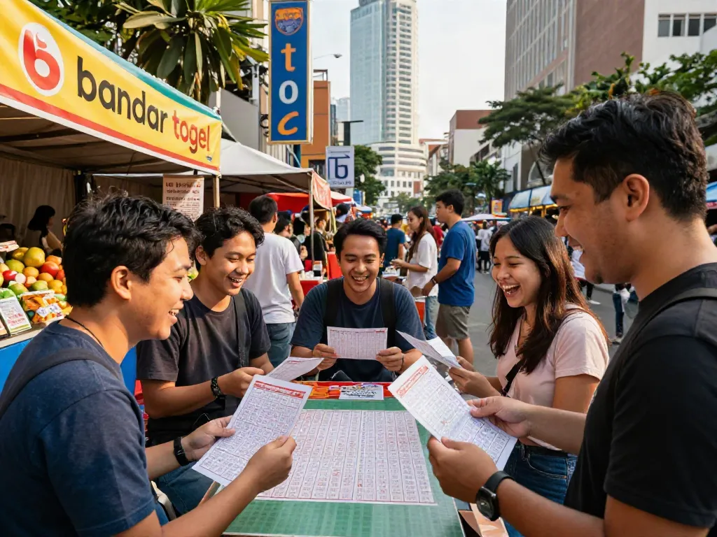 Engaged friends enjoying a bandar togel lottery game outdoors in a lively urban setting.