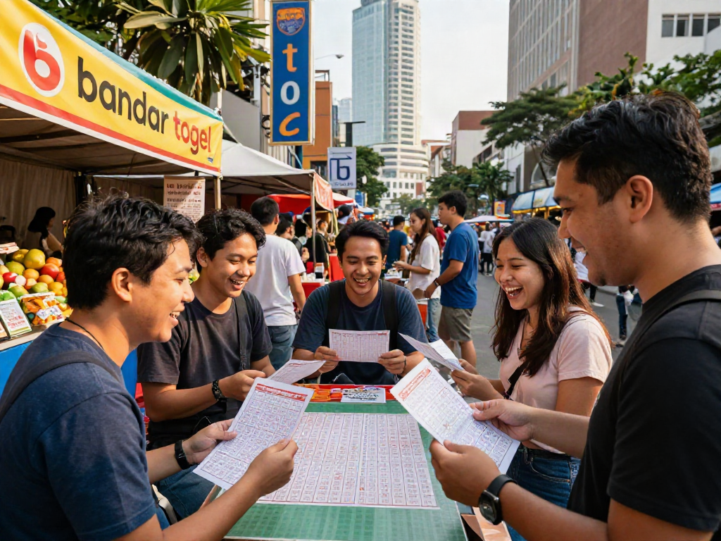 Engaged friends enjoying a bandar togel lottery game outdoors in a lively urban setting.