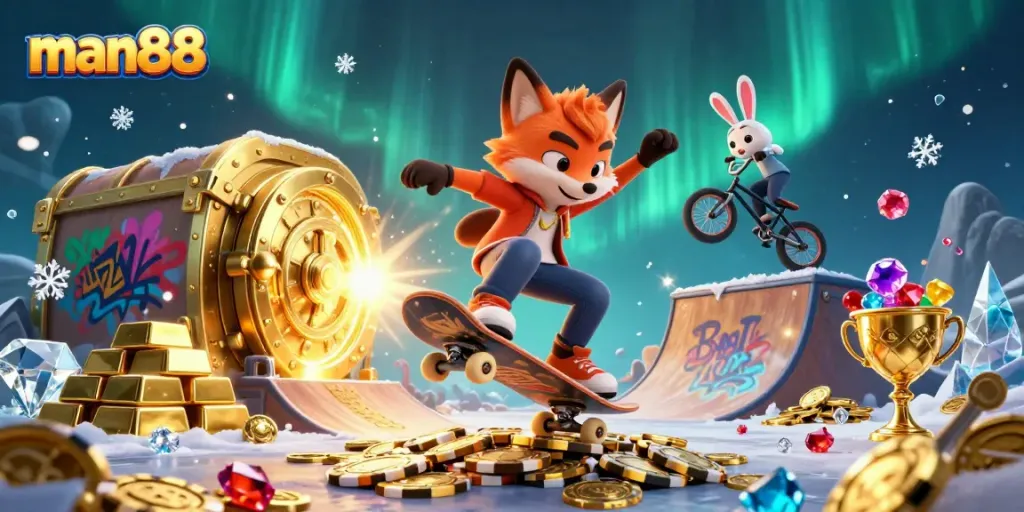 Experience thrilling moments at man88 with a dynamic scene of cartoon characters in a vibrant casino.