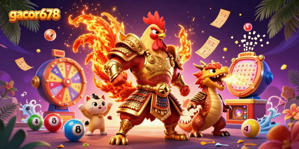 Engage thrillingly in gacor678's games with vibrant characters and dynamic elements celebrating luck and fortune.