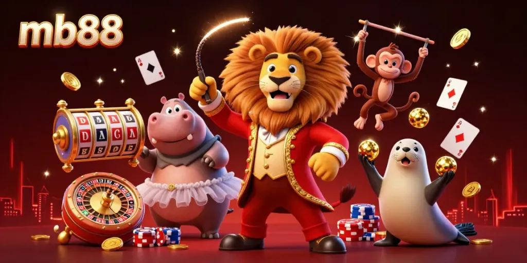 Experience thrilling action with mb88 in this lively 3D casino scene featuring a circus lion, hippo, monkey, and seal.