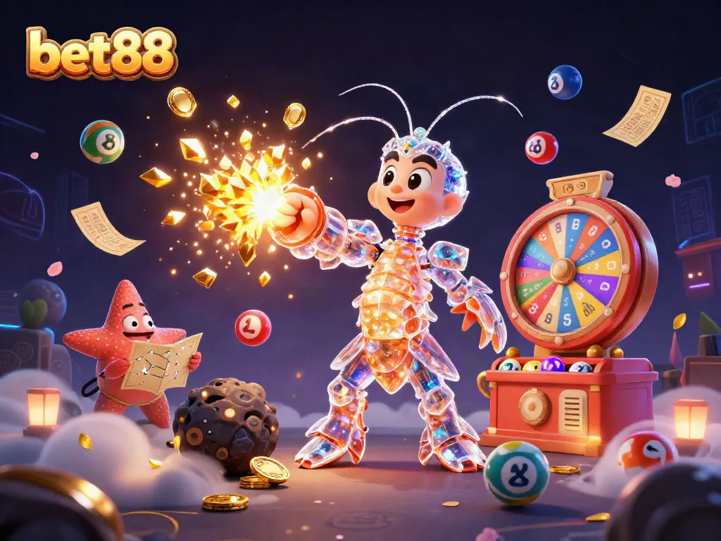 Experience thrill with bet88 as a galactic samurai mantis shrimp collects golden gems in a vibrant casino setting.