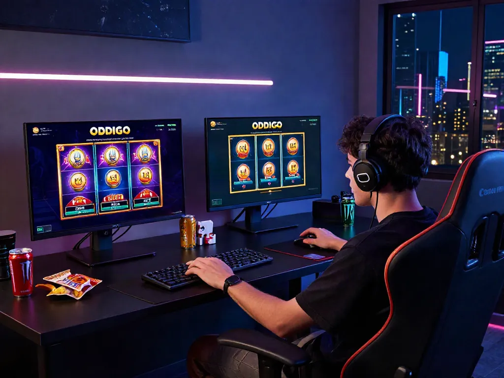Engaging gaming atmosphere with gamer at ODDIGO platform, showcasing situs slot gacor excitement.