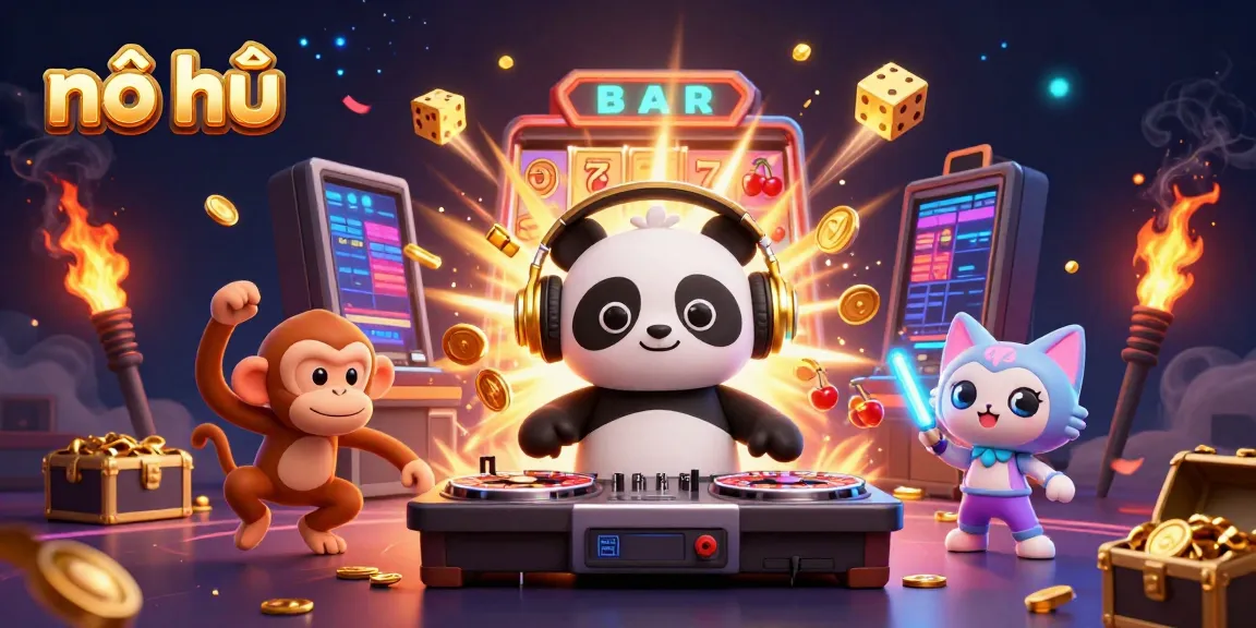 Engaging scene with nổ hũ theme featuring a DJ panda, dancing monkey, and kitten amidst a bursting jackpot.