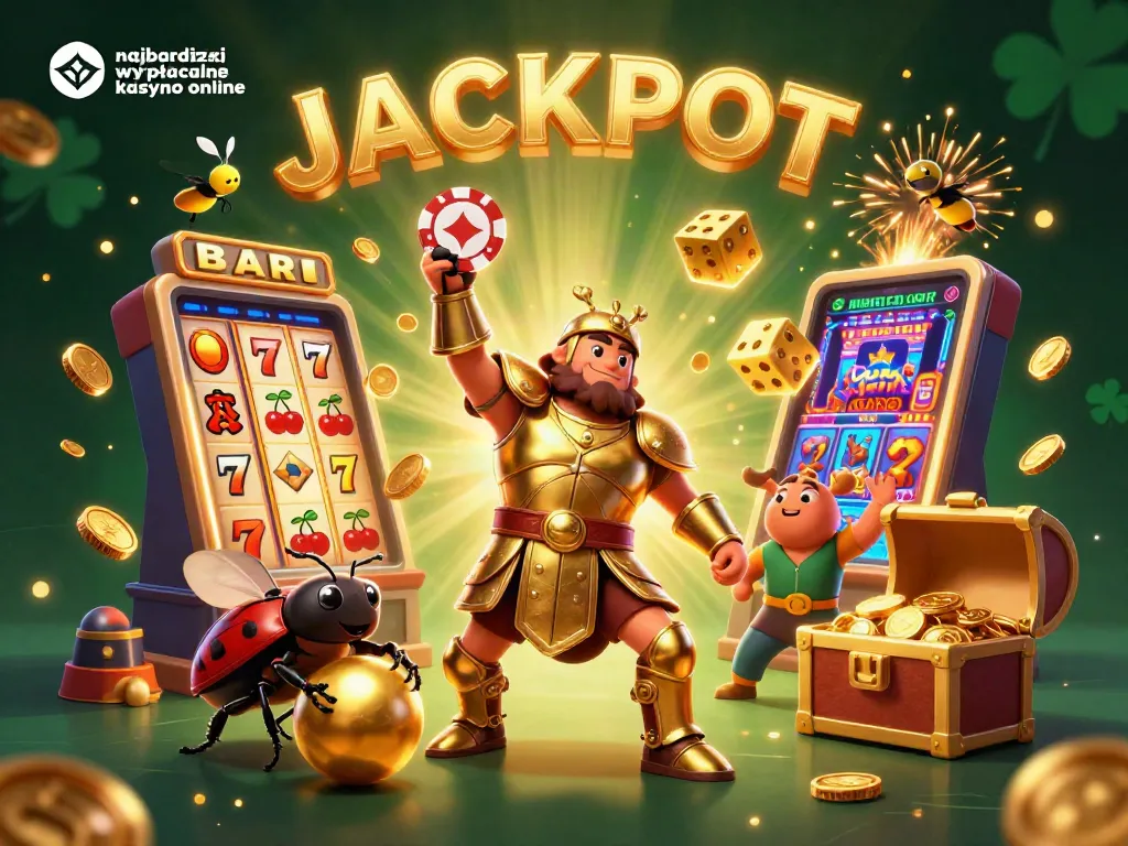 Highlighting najbardziej wypłacalne kasyno online, 3D beetles celebrate casino victories amidst jackpot chaos.