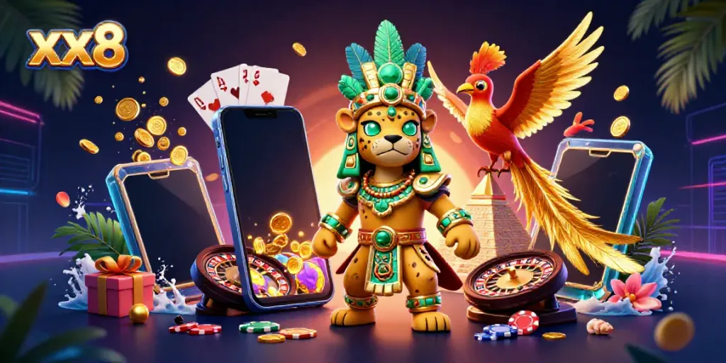 Experience thrilling gameplay at xx8 with a vibrant Mayan-inspired casino scene featuring characters and slot games.