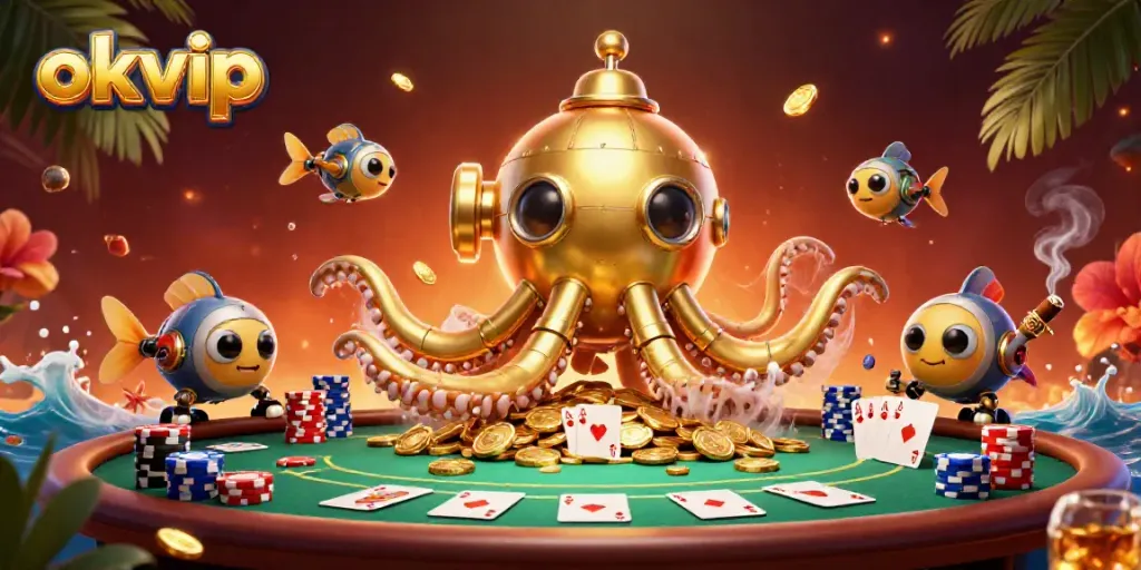 Experience the thrill of okvip with a vibrant 3D scene filled with poker elements and a golden kraken submarine.