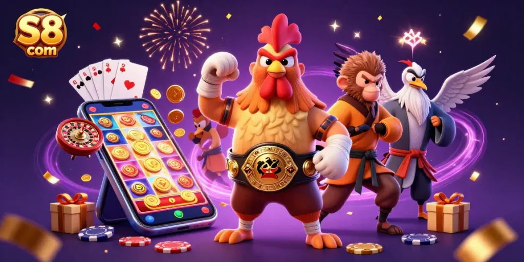 Win big at S8 com with 3D cartoon characters celebrating in a casino scene full of games and excitement.