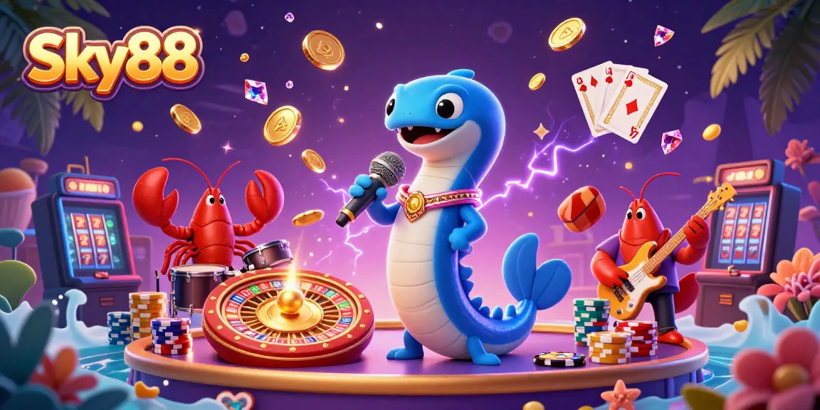 Experience casino excitement at Sky88 with vibrant underwater performances, golden coins, and game elements.