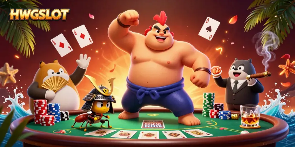 Experience thrilling action at HWGSLOT with a vibrant 3D cartoon scene featuring unique characters and poker elements.