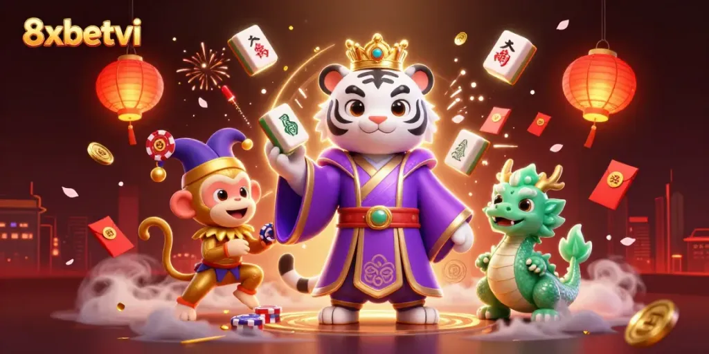 Experience the excitement of 8xbetvi with a vibrant 3D casino scene featuring casino characters and festive elements.