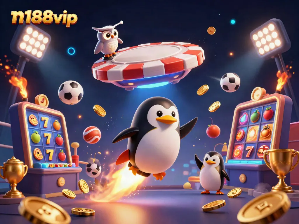 Join the adventure with n188vip as the golden penguin blasts through a glamorous casino universe!