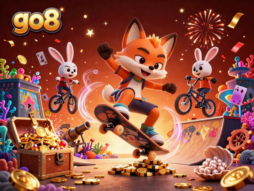 Experience thrilling gameplay at Go8 with cartoon fox and rabbit amidst casino-themed elements.