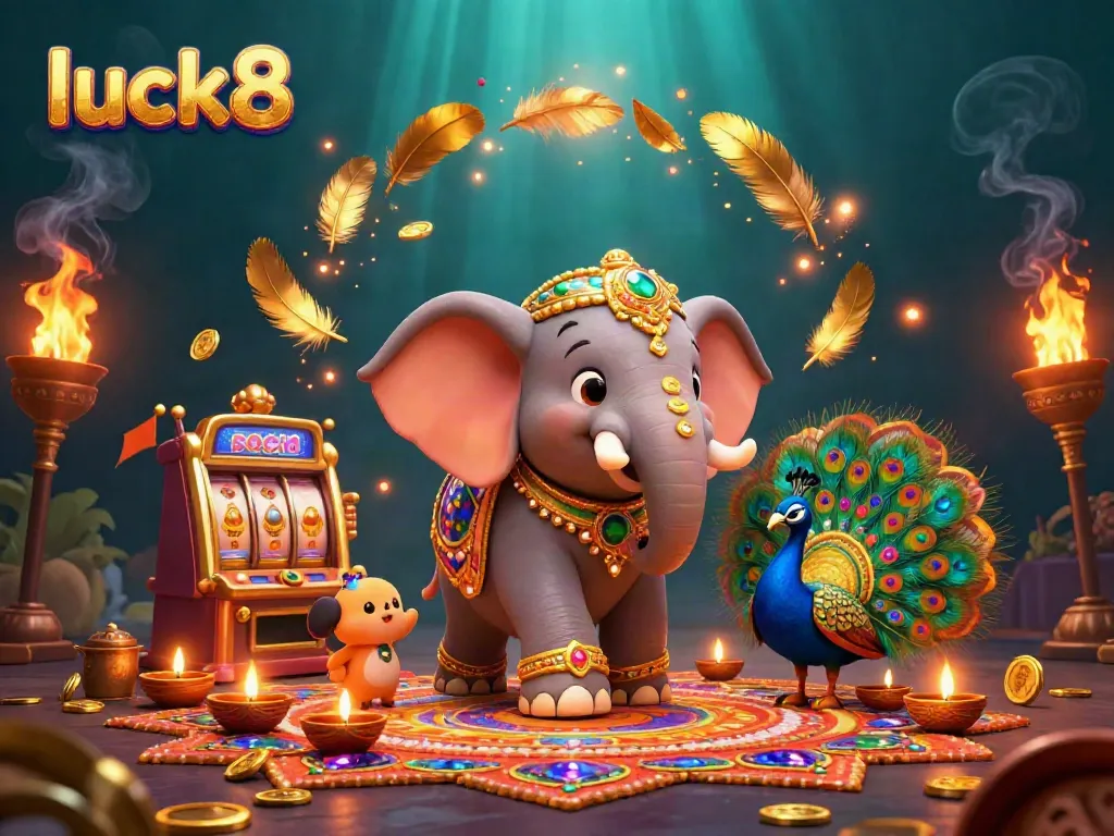 Experience luck8 with vibrant slot games and dynamic casino elements in a colorful 3D illustration.