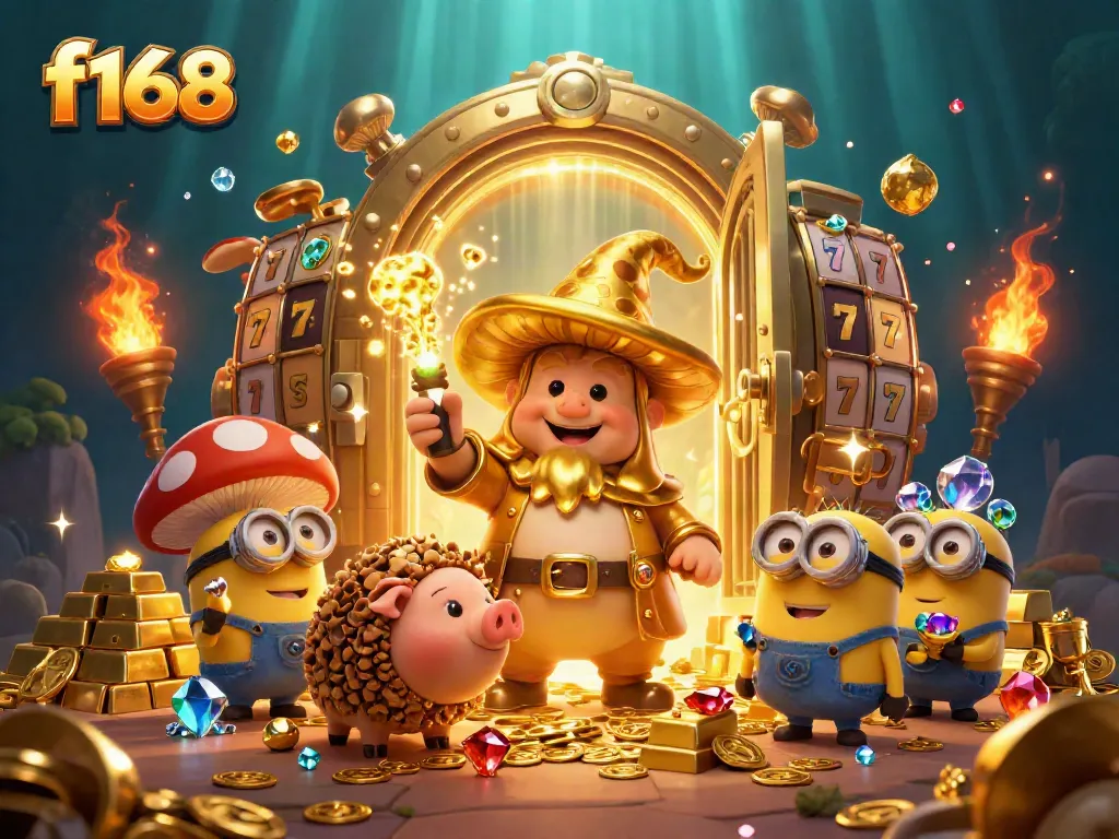 Experience the magic of f168 with golden themes, treasure, and vibrant gaming elements in an underwater scene.