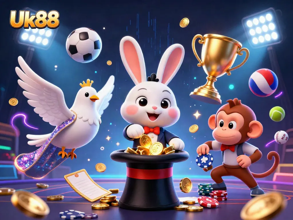 Experience thrilling wins at Uk88 with a vibrant 3D casino scene featuring a magician and dazzling elements.