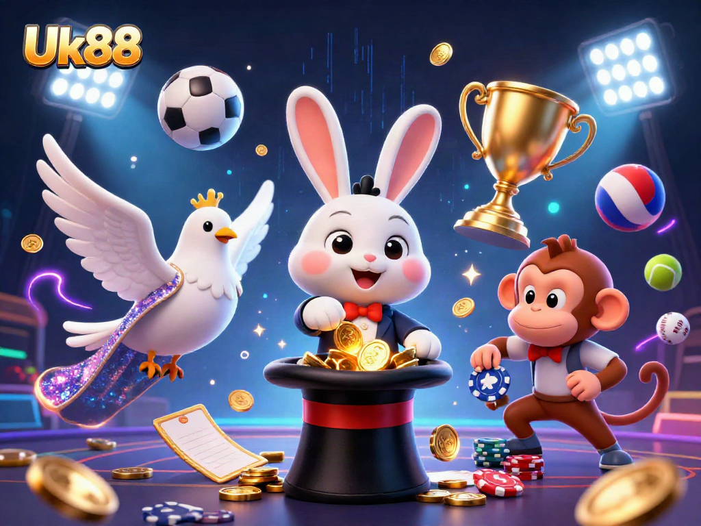 Experience thrilling wins at Uk88 with a vibrant 3D casino scene featuring a magician and dazzling elements.
