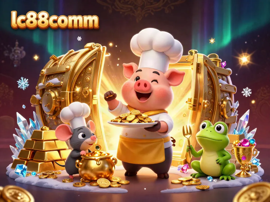 Experience the excitement of winning at lc88comm with a charming 3D casino scene featuring gold coins and treasures.