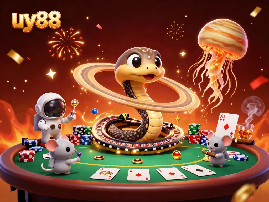 Experience the thrill of uy88 with cartoon cosmic characters playing games in a vibrant casino scene.