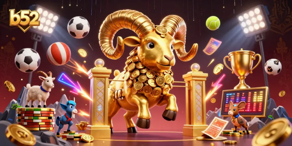 Engage in thrilling b52 casino adventures with animated golden ram charging through vibrant sports elements.
