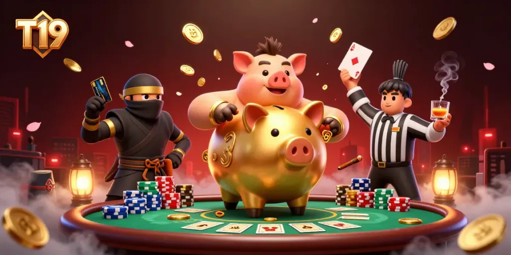 Experience the thrill of T19 online casino with a captivating 3D illustration featuring exciting gaming elements.