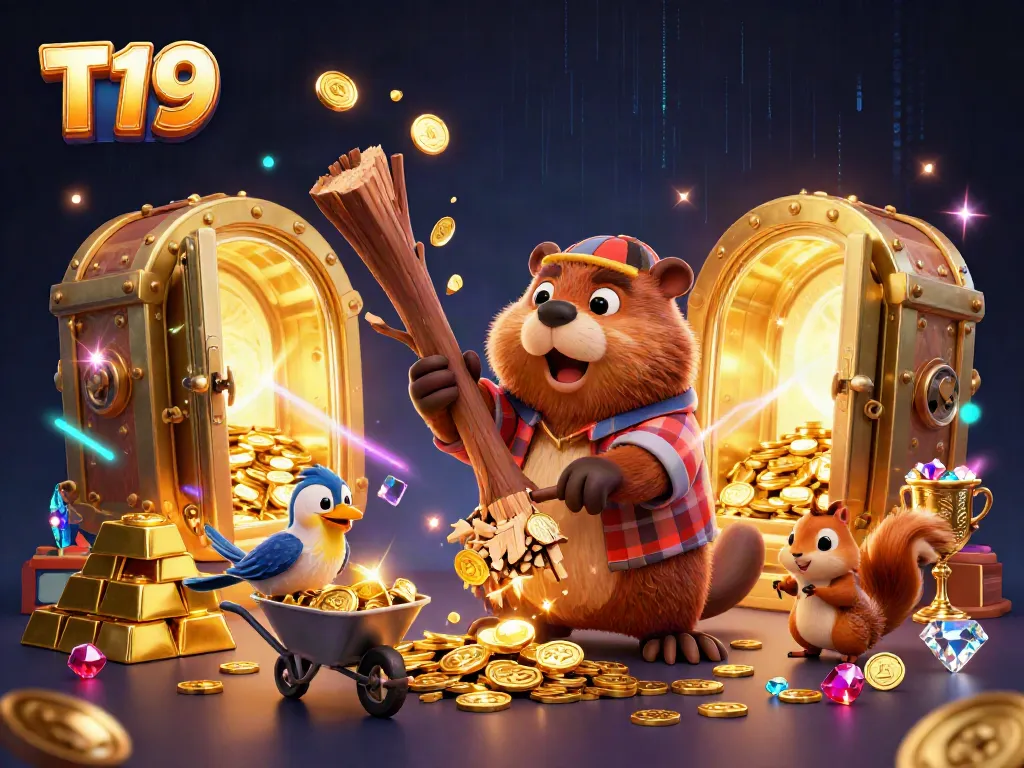 Engage with the energetic T19 scene featuring playful characters amidst a treasure-filled casino.