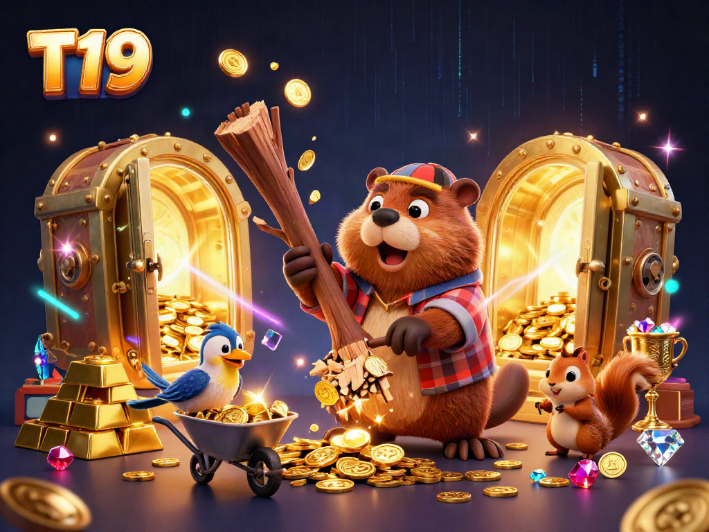 Engage with the energetic T19 scene featuring playful characters amidst a treasure-filled casino.