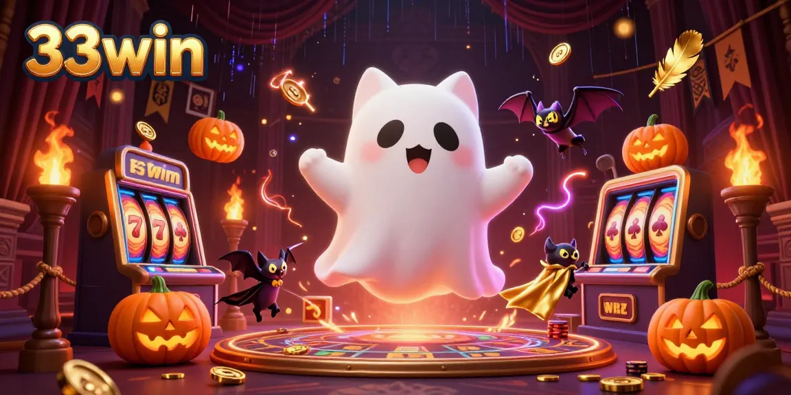 Experience the thrill of 33win with this vivid 3D illustration of a ghost cat in a haunted casino.