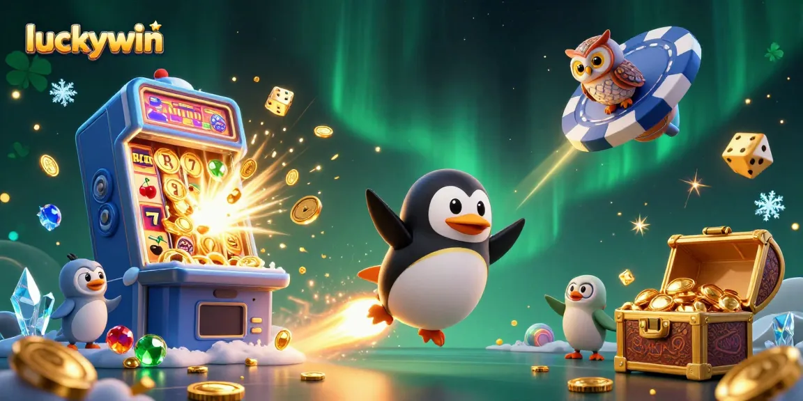 Experience the thrill of luckywin with a golden penguin, slot machines, and casino excitement.