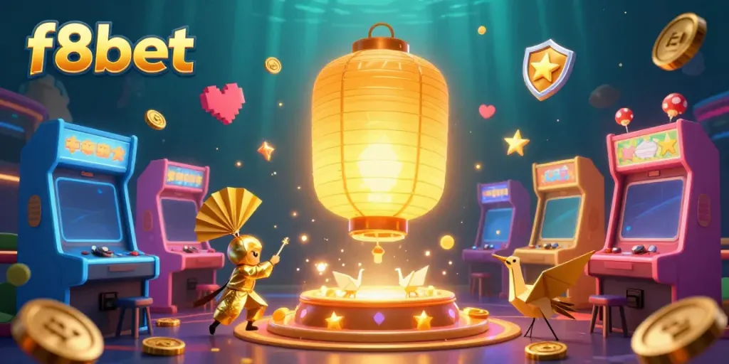 Experience the vibrant world of f8bet as a golden lantern spirit fills a bustling casino scene with dynamic game elements.