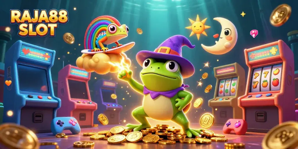 Experience the thrill of RAJA88 SLOT with a vibrant scene of fantasy characters amidst casino elements.