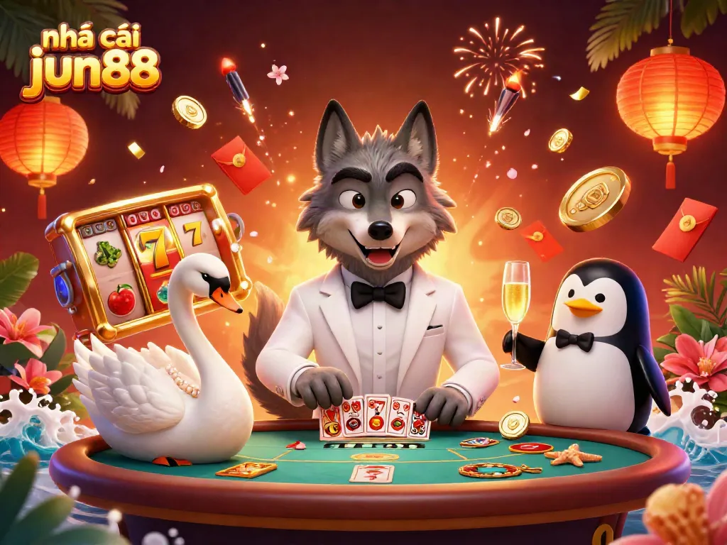 Experience the thrill at nhà cái jun88 with vibrant casino characters amidst captivating game elements.