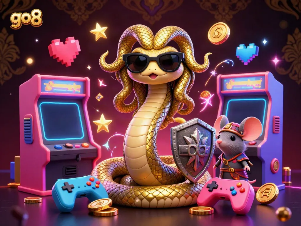 Engage with the enchanting go8 casino world featuring a friendly Medusa and stone warrior mouse amidst vibrant 3D gaming elements.