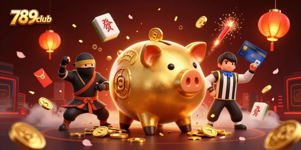 Experience the thrill of 789club with a dynamic illustration of a golden piggy bank sumo wrestler surrounded by unique gambling elements.