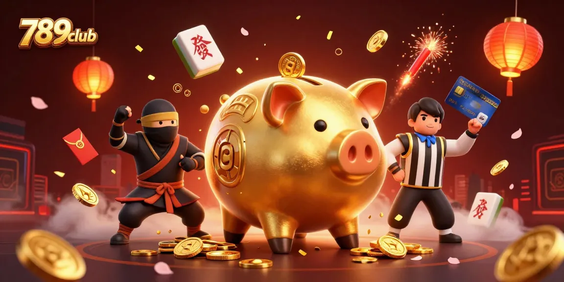 Experience the thrill of 789club with a dynamic illustration of a golden piggy bank sumo wrestler surrounded by unique gambling elements.