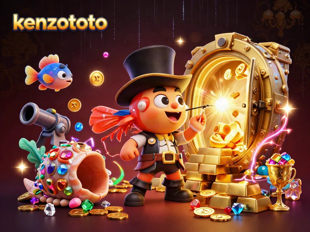 Kenzototo's animated anglerfish attracts gold coins in an exciting fish shooting game scene.