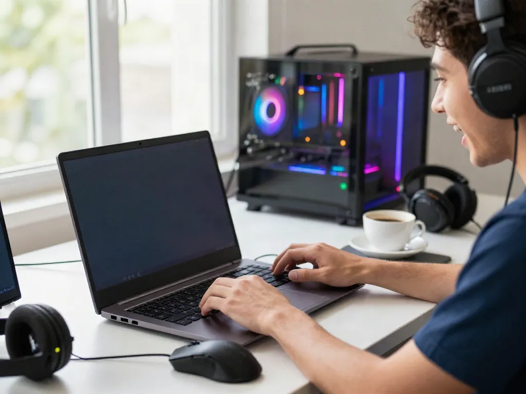 Engaging gaming experience with sunwin interface on laptop surrounded by gear