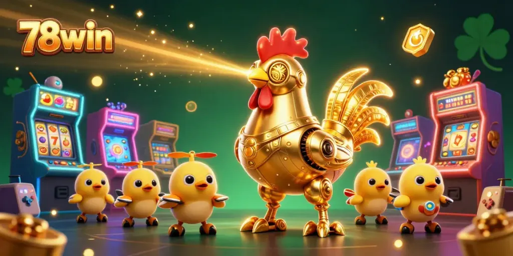 Engage thrillingly with 78win's golden rooster robot and arcade machines in a vibrant casino scene.