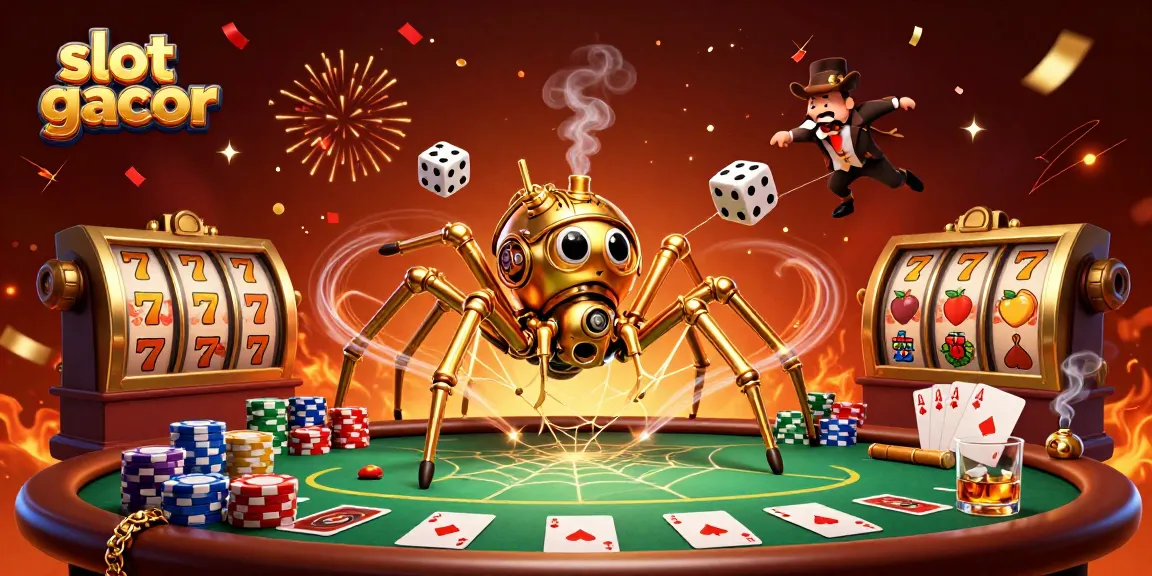 Gambaran slot gacor yang menarik dengan laba-laba steampunk dan elemen permainan kasino dalam suasana yang ceria.
