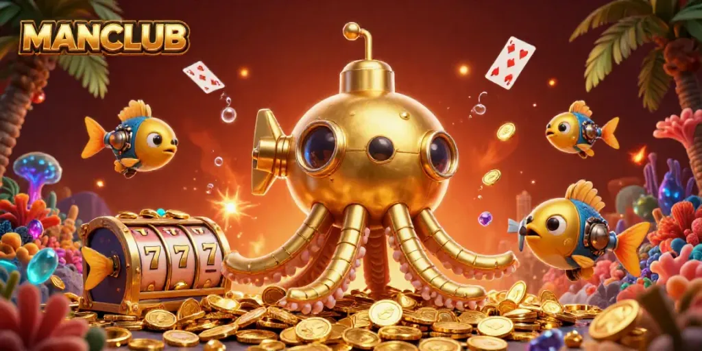 Engage in thrilling gameplay at MANCLUB with vibrant slot machines and a treasure-filled scene.