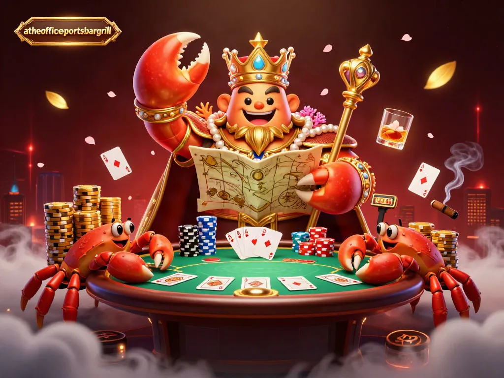 Pesan permainan seru di attheofficesportsbargrill dengan ilustrasi karnaval judi 3D.
