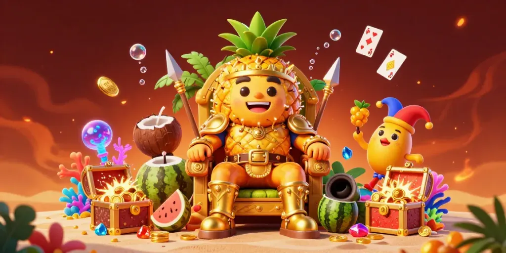 Experience the vibrant beach casino scene with luck8882's golden pineapple king and engaging game elements.