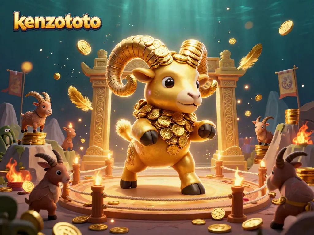 Kenzototo platform showcases a vibrant, dynamic casino scene with golden ram and elements, enhancing the gaming excitement.