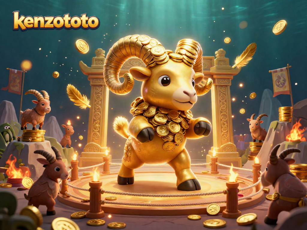 Kenzototo platform showcases a vibrant, dynamic casino scene with golden ram and elements, enhancing the gaming excitement.
