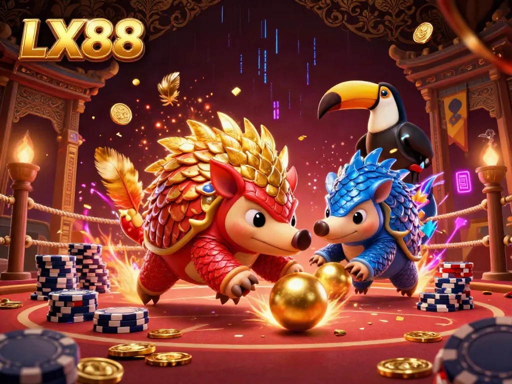 Experience excitement at LX88 as rival pangolins roll into golden balls while bowling through poker chips, reflecting casino thrills.