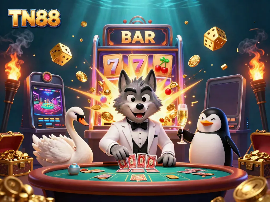 Experience TN88’s excitement with a wolf, swan, and penguin in a vibrant casino scene
