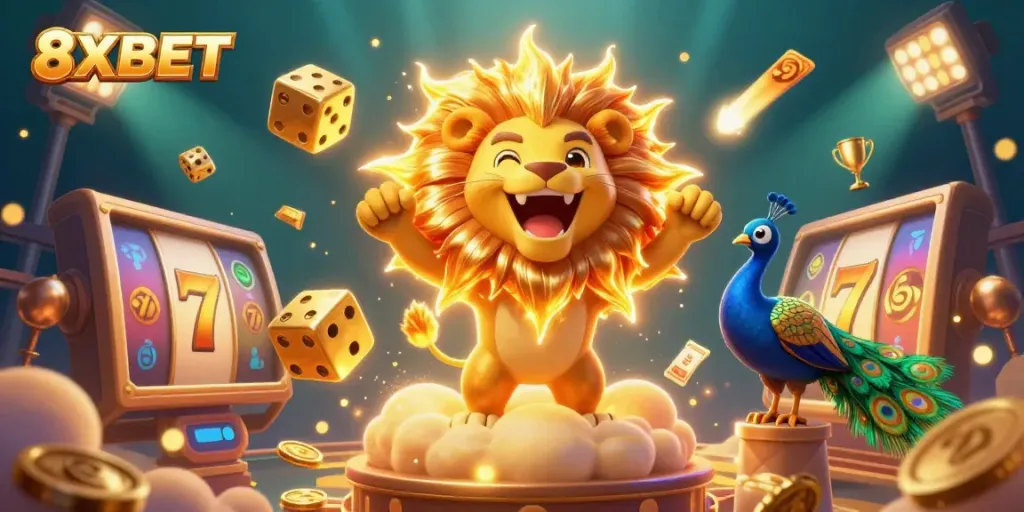 Experience the thrill of 8XBET with a vibrant casino-themed illustration of a roaring lion and spinning slot reels.
