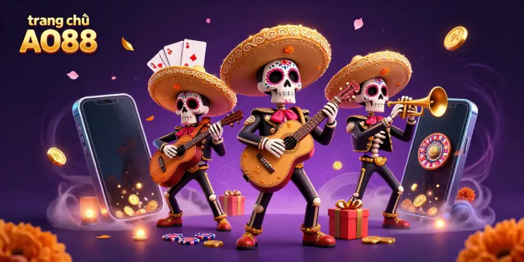 Engaging scene of the 3D mariachi band overlayed with vibrant gaming elements for trang chủ AO88 casino promotions